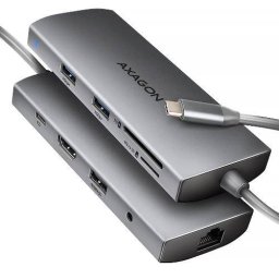 Hub AXAGON HMC-8HLSA HDMI RJ-45 USB SD/microSD PD 100W Argintiu