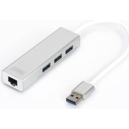 Adaptor wireless Digitus USB 3.0 3-Port Hub with Gigabit LAN, USB HubÂ (White)