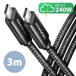 Cablu AXAGON USB-C la USB-C 2.0 PD 240W 5A Matisat Conector Aluminiu 3M Negru