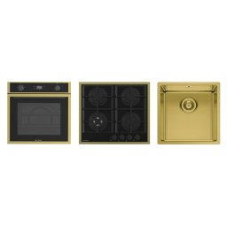 Pachet Pyramis 22P PVD Gold Cuptor Incorporabil 64L Air Fry Grill Rotisor Clasa A + Plita pe Gaz 4 Arzatoare + Chiuveta Bucatarie 440x440MM Auriu