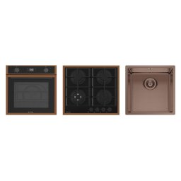 Pachet Pyramis 22P PVD Cooper Cuptor Incorporabil 64L Functie Air Fry Grill Rotisor Clasa A + Plita pe Gaz 4 Arzatoare + Chiuveta Bucatarie 440x440MM Cupru