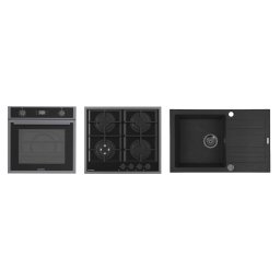 Pachet Pyramis 24P PVD Metal Gun Cuptor Incorporabil Electric 64L Clasa A + Plita Incorporabila pe Gaz + Chiuveta Bucatarie 790 x 500MM Gri/Negru