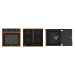 Pachet Pyramis 24P PVD Cooper Cuptor Incorporabil Electric 64L Clasa A + Plita Incorporabil pe Gaz + Chiuveta Bucatarie 790x500MM Negru/Cupru