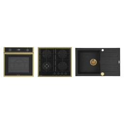 Pachet Pyramis 24P PVD Gold Cuptor Incorporabil Electric 64L Clasa A + Plita Incorporabila pe Gaz + Chiuveta Bucatarie 790 x 500MM Negru/Auriu