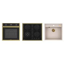 Pachet Pyramis 23P PVD Gold Cuptor Incorporabil 64L Clasa A Air Fry Grill Rotisor + Plita pe Gaz 4 Arzatoare + Chiuveta Bucatarie 53x50CM Auriu/Bej