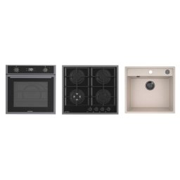 Pachet Pyramis 23P PVD Metal Gun Cuptor Incorporabil 64L Air Fry Grill Rotisor Clasa A + Plita pe Gaz 4 Arzatoare + Chiuveta Bucatarie 53x50CM Gri/Bej
