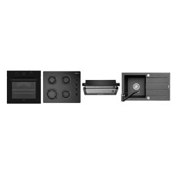 Pachet 41P Pyramis Cuptor Electric Incorporabil Plita Gaz Hota Telescopica Chiuveta Granit Baterie 8 Functii Clasa A Volum 69L Timer Electronic Afisaj Digital Grill 4 Arzatoare Gratare Emailate Finisaj Sticla Negru