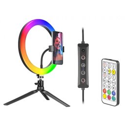 Lampa Circulara Tracer Ring Light TRAOSW46807 cu Trepied si Suport Telefon RGB LED 26CM Negru