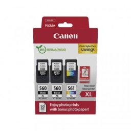 Pachet 3 Cartuse Cerneala Canon Photo 2xPG-560XL + CL-561XL 3712C012AA Capacitate Mare + Hartie Foto 10x15 50 Coli Negru/Color