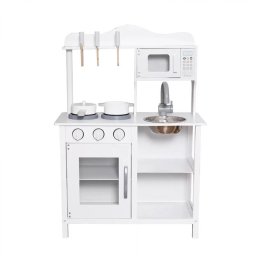 Bucatarie Din Lemn Si Mdf Pentru Copii Procart Cuptor Cu Microunde Chiuveta Rafturi Ustentile Alb