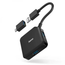 Hub Extern Hama 200116 4 Porturi USB 3.2 Gen 1 5Gbps Adaptor USB-C Negru