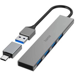 Hub Extern Hama 200141 4 Porturi USB 3.2 Gen1 5Gbps Ultra-Slim Adaptor USB-C Gri