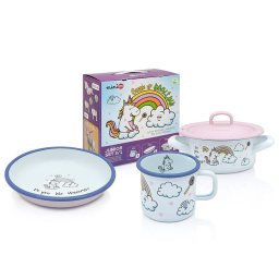 Set Junior Metalac Unicorn din Metal Emailat Cratita Mica + Farfurie + Cana Alb/Roz
