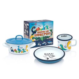 Set Junior Metalac Dino din Metal Emailat Cratita Mica + Farfurie + Cana Alb/Albastru
