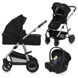 Carucior 3in1 Lionelo Amber Cadru Aluminiu cu Landou si Scoica Auto Testata ADAC Reversibil Geanta si Accesorii Maxim 22KG Negru/Argintiu