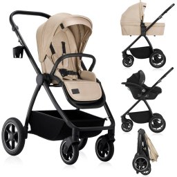 Carucior 3in1 Lionelo Meril cu Landou de Dimensiune XL si Scoica Auto Testata ADAC Reversibil pana la 22KG Bej
