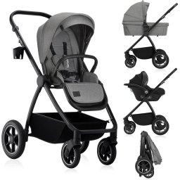 Carucior 3in1 Lionelo Meril cu Landou de Dimensiune XL si Scoica Auto Testata ADAC Reversibil pana la 22KG Gri
