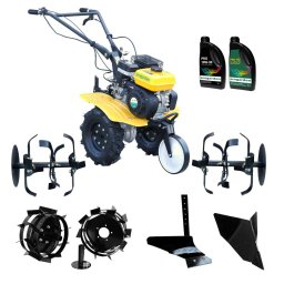 Pachet Campo ProGARDEN 703 Motocultor 7CP+ Plug simplu + Plug bilonat/rarita + 2 roti metalice 350x6 + 2L Ulei Negru/Galben