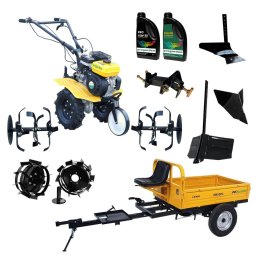 Pachet Campo ProGARDEN 703 Motocultor 7CP + Remorca RM500C + Plug simplu + 2xPlug bilonat/rarita + Adaptor + 2 Roti metalice 350x6 + 2L Ulei