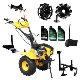 Pachet Campo 873 ProGARDEN Alpine Motocultor 7CP + Prasitoare PRS20-45 + Plug simplu + Plug bilonat/rarita + Adaptor + 2 Roti metalice 350x6 + 3L Ulei Negru/Galben