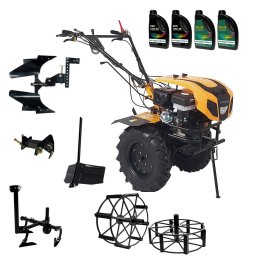 Pachet Campo 1844 ProGARDEN Motocultor 18CP + Plug bilonat + Plug reversibil + Prasitoare + Adaptor + 2 Roti metalice 540x170 + 4L Ulei Negru/Galben
