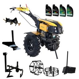 Pachet Campo ProGARDEN 1273 Alpine V2 Motocultor 12CP + PRS20-45 Prasitoare+Plug bilonat/rarita +PR2B-31 Plug reversibil+Adaptor + 2 Roti metalice 540x170 + 4 L Ulei Negru/Galben