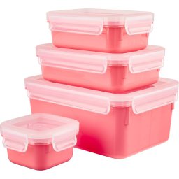 Emsa CLIP & CLOSE Color food storage container, 4-piece set (coral/transparent, rectangular, 4 containers + 4 lids)
