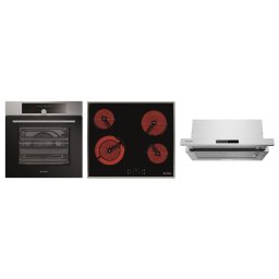 Pachet Pyramis 16P Bk Ix Cuptor Incorporabil 73L Clasa A + Plita Incorporabila pe Inductie 4 Zone de Gatit Sticla Neagra + Hota Telescopica Inox/Negru