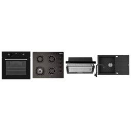 Pachet Pyramis 59P Cuptor Incorporabil 69L 8 Functii Clasa A + Plita Incorporabila 4 Arzatoare pe Gaz Sticla Neagra + Hota Telescopica 60CM + Chiuveta Bucatarie 79x50CM cu Baterie Negru