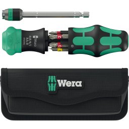 Wera Kraftform Kompakt 25 RA-R with pouch, bit set black/green, 6-piece, 1/4", with ratchet function and Rapidaptor quick-change chuck