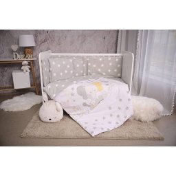 Set Lenjerie Lorelli Smile pentru Patut 60x120CM Bumbac Ranforce Grey Elephant Stars