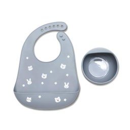 Set de Hranire Lorelli din Silicon Natural Contine Bol cu Vacuum si Baveta +6luni Gri