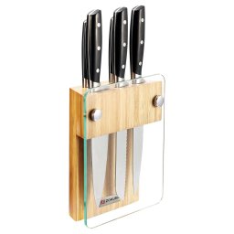 Set 5 Cutite de Bucatarie Zokura Z1218 Otel Inoxidabil cu Suport din Lemn de Bambus si Sticla