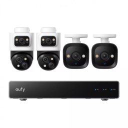 Kit Supraveghere Video eufy NVR S4 cu 2 Camere PoE Bullet-PTZ S4 Rezolutie 4K Night Vision Color AI Dual View + 2 Camere PoE Bullet E40 + NVR 8 Canale si HDD 2 TB