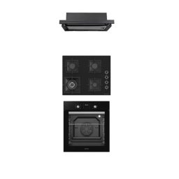 Pachet Incorporabil Studio Casa Luxor Nero Cuptor Electric Multifunctional Ambra Nero 80L Clasa A + Plita Sticla pe Gaz 4 Arzatoare Wok Latime 60CM + Hota Telescopica Wind Turbo Latime 60CM Negru