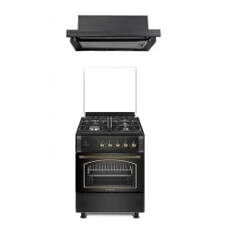 Pachet Aragaz pe Gaz Studio Casa Viva Sierra Rustic 4 Arzatoare Cuptor Grill Rotisor Ventilatie Turbo 60x60CM Negru Antracit + Hota Incorporabila Telescopica Wind Turbo Latime 60CM Negru