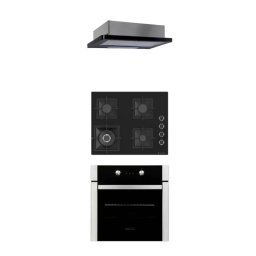 Pachet Incorporabil Studio Casa Black Style Cuptor Electric Incorporabil 65L Clasa A + Plita pe Gaz Sticla 4 Arzatoare Wok Gratare Fonta Latime 60CM + Hota Telescopica Sticla 2 Motoare 60CM Negru/Inox