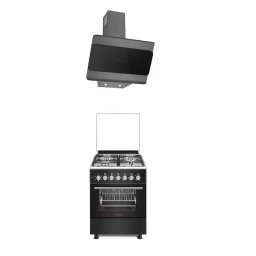 Pachet Studio Casa Aragaz Mixt Bruno 4 Arzatoare Gaz Aprindere Electrica Cuptor Electric 53L 5 Functii Grill Ventilator Rotisor Clasa A 57x57CM + Hota Decorativa Lenno Latime 60CM Negru