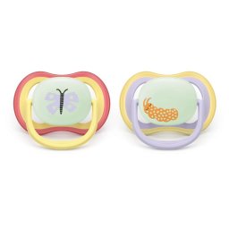 Set 2 Suzete Philips-Avent Ultra Air SCF376/25 fara BPA 0-6luni Ortodontice Fosforescent Violet/Galben