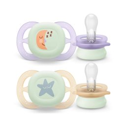 Set 2 Suzete Philips-Avent Ultra Start SCF075/17 Ortodontice fara BPA 0-2luni pentru Noapte cu Buton Fosforescent Verde/Albastru
