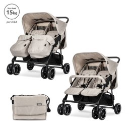 Carucior pentru Gemeni Lorelli Twin Reglabil Individual pana la 25Kg per Copil Geanta pentru Mama Inclusa Beige