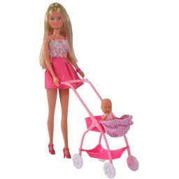 Papusa Simba Steffi Love Baby Walk 29 Cm Cu Carucior Si Accesori Roz