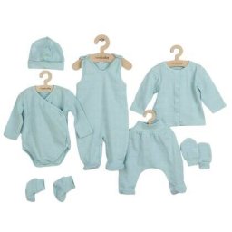 Set 7 Piese New Baby Body cu Maneca Lunga Bluza Pantalonasi cu Botosei Salopeta Caciulita Manusi Botosei Marime 56 0-3luni Bumbac 100% Albastru