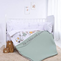 Set Lenjerie 7 Piese Lorelli Lily Bumbac Ranforce pentru Paturi 60 x120cm Happy Friends Verde Menta