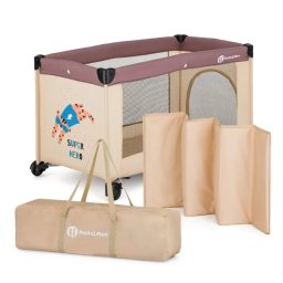 Patut Pliabil Petite&Mars Koot 120x60CM Functie de Tarc Pliere Compacta Include Geanta de Transport Intrare Laterala cu Fermoar Pereti din Plasa 0-30 Luni Maxim 15KG Bej/Maro