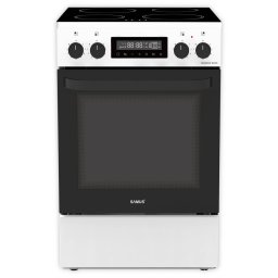 Aragaz Full Electric Samus SM569VDE Plita Vitroceramica cu 4 Zone de Gatit Cuptor 59L Timer Digital Grill Ventilatie 50CM Clasa A Alb
