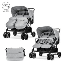 Carucior pentru Gemeni Lorelli Twin Reglabil Individual pana la 15Kg per Copil Geanta pentru Mama Inclusa Grey