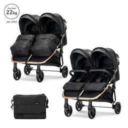 Carucior pentru Gemeni Lorelli Duo pana la 22Kg per Copil Cadru din Aluminiu Spatar Reglabil Pozitii Multiple Geanta pentru Mama Inclusa Black