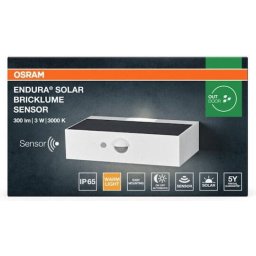 Aplica LED Solara Osram 000004099854455919 Endure SolarBrickLume 3W 300lm Lumina Calda(3000K) PIR IP65 Baterie Litiu-Ion 18650 Alb