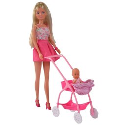 Papusa Simba Steffi Love Baby Walk 29 cm roz cu carucior si accesorii +3 ani